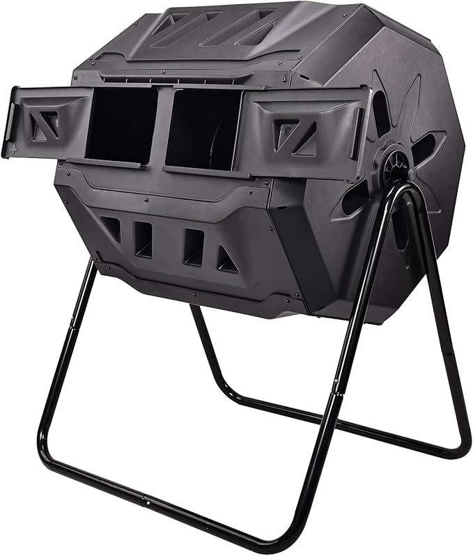 Outdoor Tumbling Composter Dual Rotating Batch Compost Bin, 43 Gallon, Dark Gray
