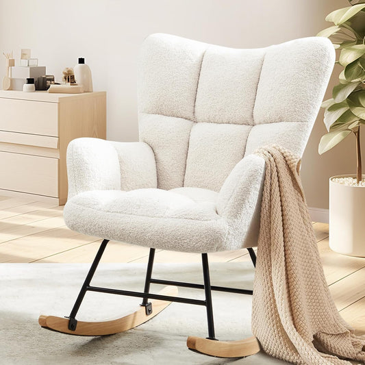 Elevon Rocking Chair Nursery, Teddy Upholstered Glider Rocker with High Backrest, Reading Chair Modern Rocking Accent Chairs Glider Recliner for Living Room, Nursery, Bedroom