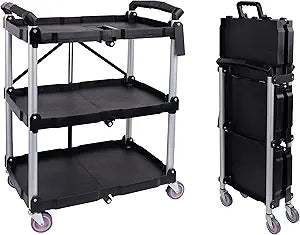 ELEVON Folding Utility Cart, Portable Collapsible Service Cart, 3 Shelf Heavy Duty Collapsible Tool Cart with Wheels, Suitable for Office Warehouse Home, Black