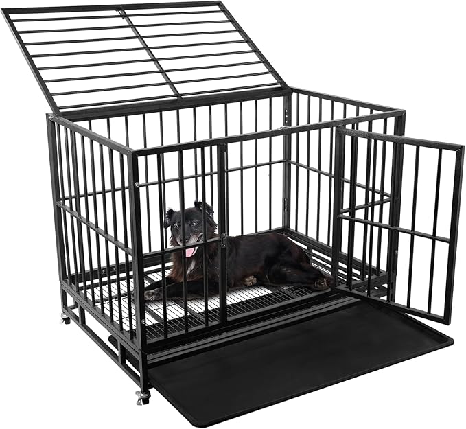 Elevon 42 Inch Heavy Duty Dog Crate with Secure Locking System, Escape-Proof Dog Cage Kennel for Medium to Large Dogs, Indestructible Chew-Resistant Design, Dual Doors & Easy-Clean Removable Tray