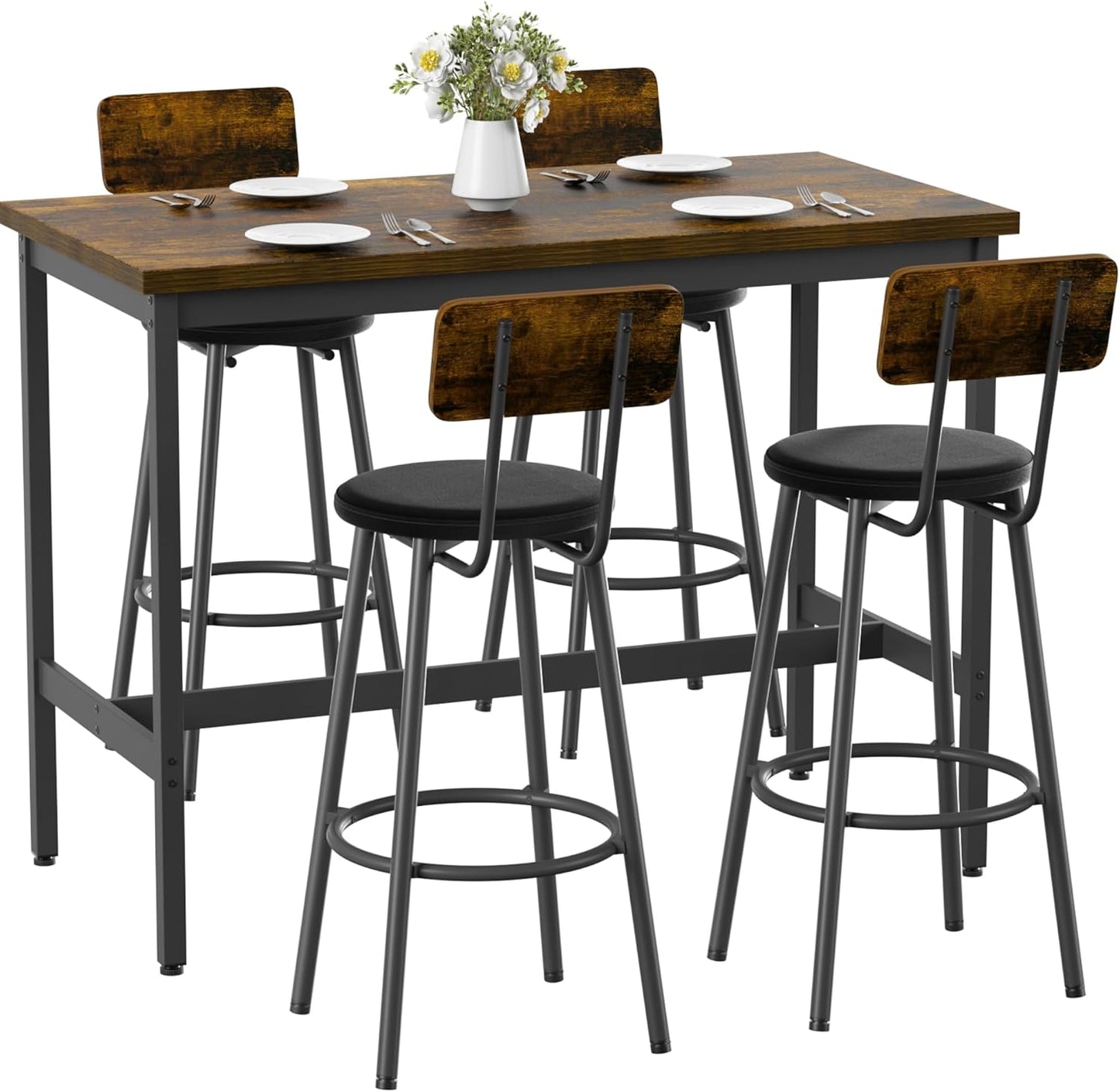 Elevon 47.2 IN Long Bar Table Set with 4 PU Leather Bar Stools, Dining Table and Chair Sets, Industrial Tall Coffee Table and Back Chair for Kitchen, Living Room, Party Room, Pub, Rustic Brown