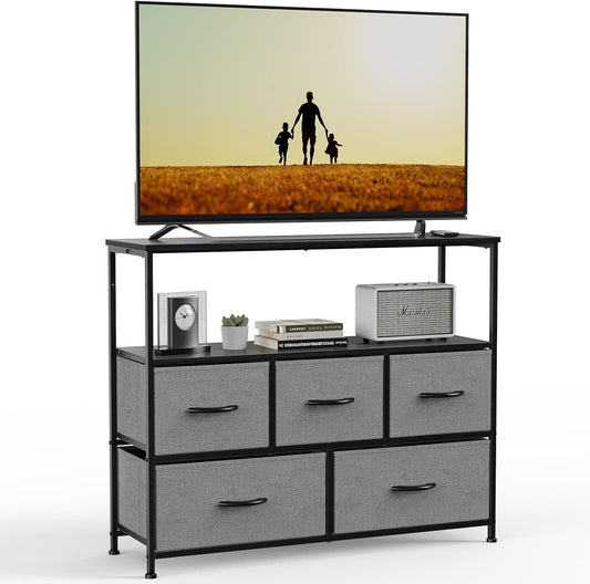 Elevon 5 Fabric Drawer Dresser TV Stand for Bedroom, Entertainment Center for 45 Inch TV with Storage Drawer Unit, Open Shelf, Adjustable Feet, Living Room