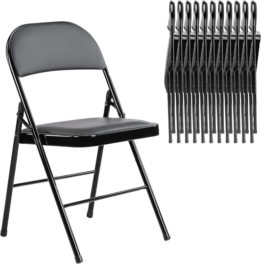 Elevon Pack of 12 (Fabric/Vinyl) Steel Frame Metal Foam Padded Folding Chairs, Black