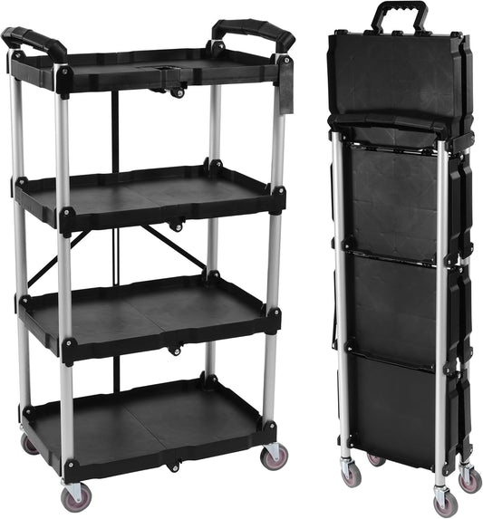LEVON Folding Utility Cart, Portable Collapsible Service Cart, 4 Shelf Heavy Duty Collapsible Tool Cart with Wheels, Suitable for Office Warehouse Home, Black