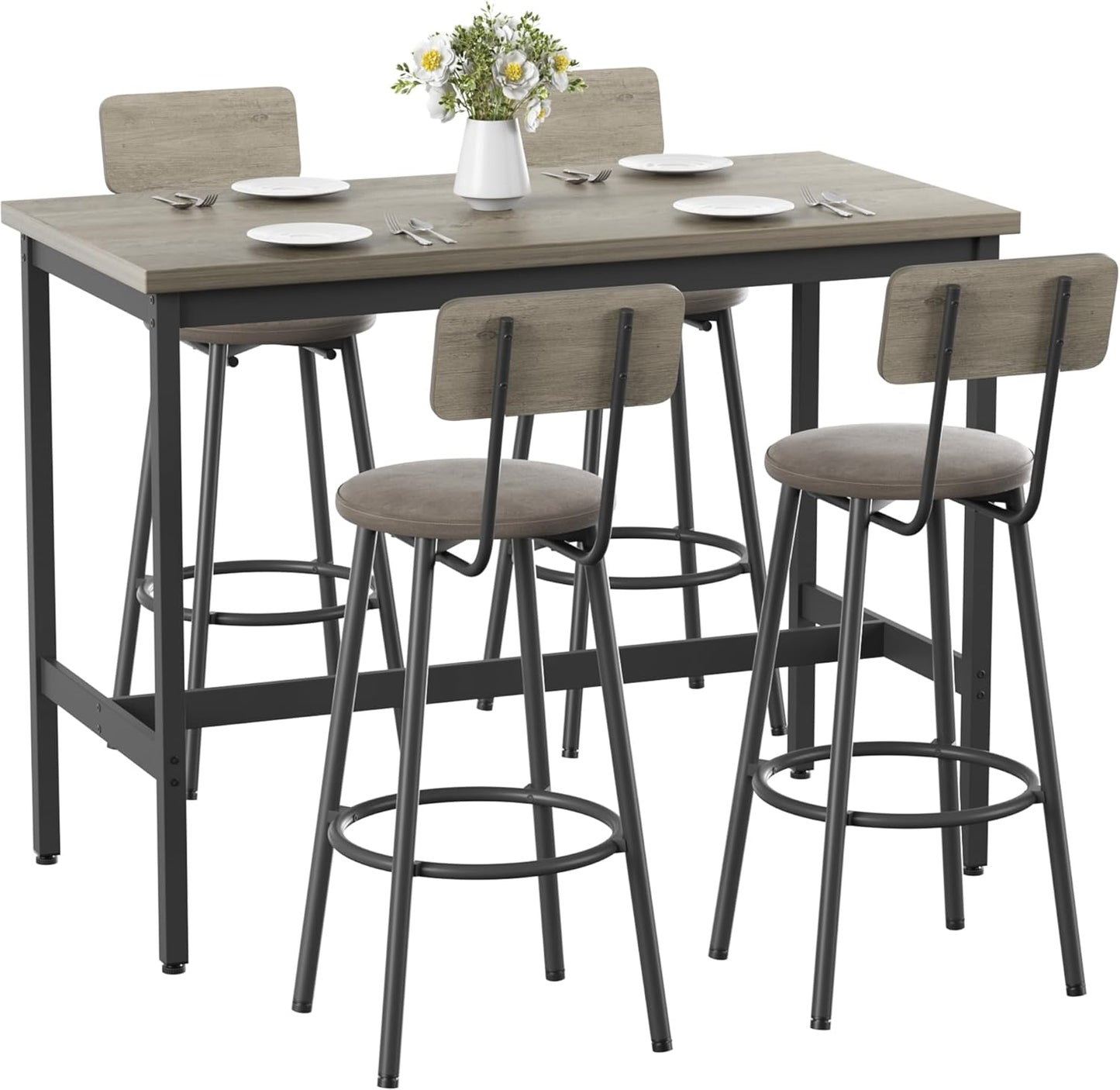 Elevon 47.2 IN Long Bar Table Set with 4 PU Leather Bar Stools, Dining Table and Chair Sets, Industrial Tall Coffee Table and Back Chair for Kitchen, Living Room, Party Room, Pub, Rustic Gray
