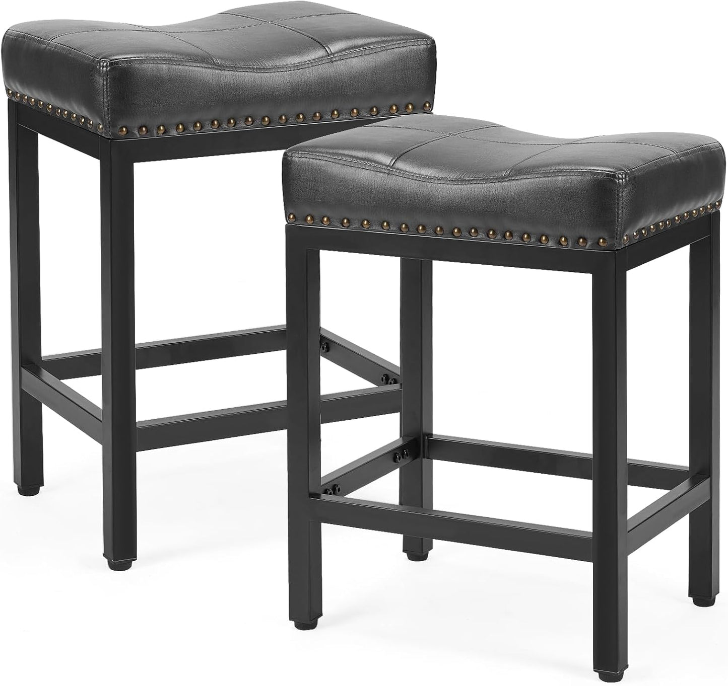 Elevon Bar Stools Set of 2, 24 inch Counter Height Bar Stools, Upholstered Modern Kitchen Barstools with Metal Base, PU Leather Saddle for Kitchen Island, Black