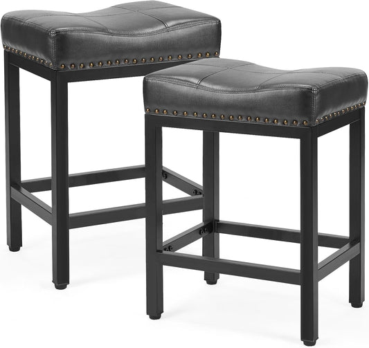 Elevon Bar Stools Set of 2, 24 inch Counter Height Bar Stools, Upholstered Modern Kitchen Barstools with Metal Base, PU Leather Saddle for Kitchen Island, Black