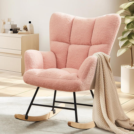 Elevon Rocking Chair Nursery, Teddy Upholstered Glider Rocker with High Backrest, Reading Chair Modern Rocking Accent Chairs Glider Recliner for Living Room, Nursery, Bedroom