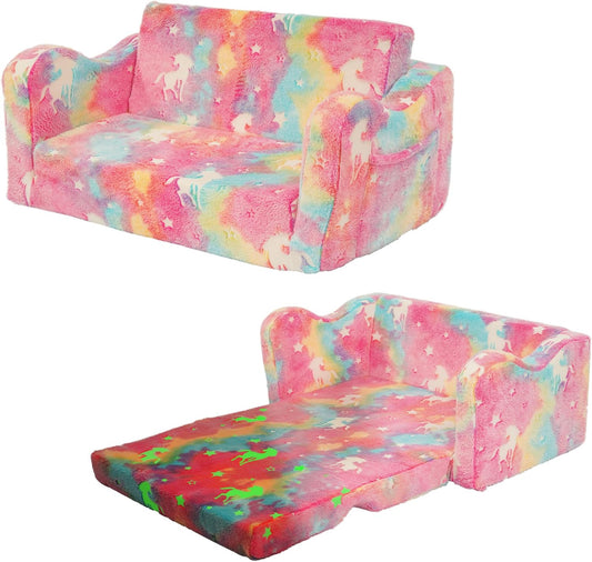 Elevon Wider Seating Toddler Couch, 2-in-1 Sofa Soft Chair for Boys Girls, Flip Open Convertible Sleeper for Playroom, Glowing Rainbow