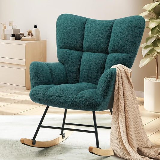 Elevon Rocking Chair Nursery, Teddy Upholstered Glider Rocker with High Backrest, Reading Chair Modern Rocking Accent Chairs Glider Recliner for Living Room, Nursery, Bedroom