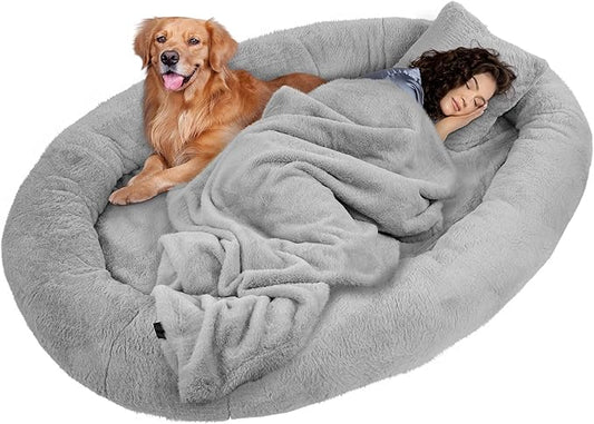 Premium Pet Bed for Large Dogs, 71"x47"x12" Extra Large Size Pet Bed with Soft Blanket & Plump Pillow, Durable Washable Faux Fur & Removable Memory Foam Mattress, Non-Slip Bottom, Gray