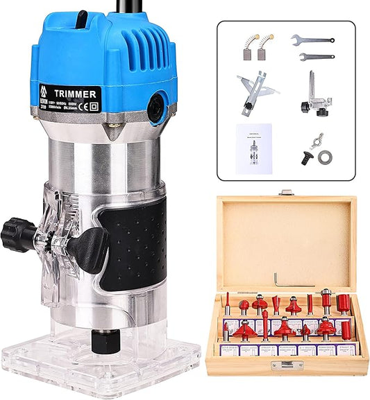 Elevon Wood Router, Laminate Milling Engraving Hand Machine Joiner Tool Electric Trimmer, 800W 110V Compact Palm Router, Woodworking Tools for Woodworking, Edge Guide and Roller Guide, 26PCS