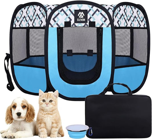 Elevon Portable Pet Playpen, Foldable Pet Playpen with Storage Bag, Pet Bowl and Detachable Sunshade, Indoor/Outdoor, Water-Resistant, Suitable for Medium-Sized Dogs and Various Small Pets, Blue