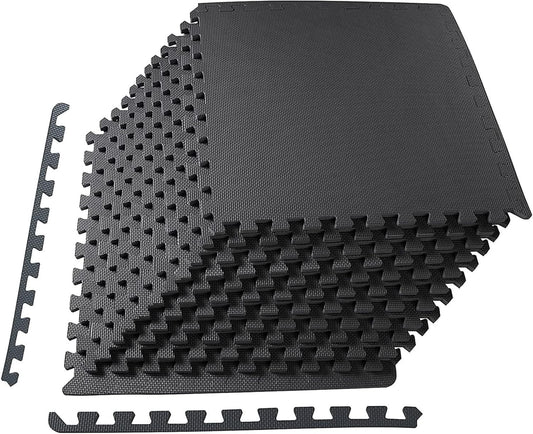 Elevon Puzzle Exercise Gym Flooring Mat, 1/2" Thick EVA Interlocking Foam Tiles Workout Mat for Home Gym, Fitness Equipment, MMA, Gymnastics, 12 Tiles Shock-Absorbing Exercise Mat, Black (48 Sq Ft)
