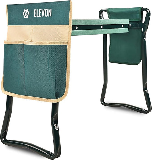 Elevon Garden Kneeler and Seat - 10.6” Wide Soft Foam Pad with 2 Upgraded Tool Pouches, Sturdy Steel Frame Stool, Foldable Lightweight Gardening Gifts for Weeding Planting Outdoor Tasks
