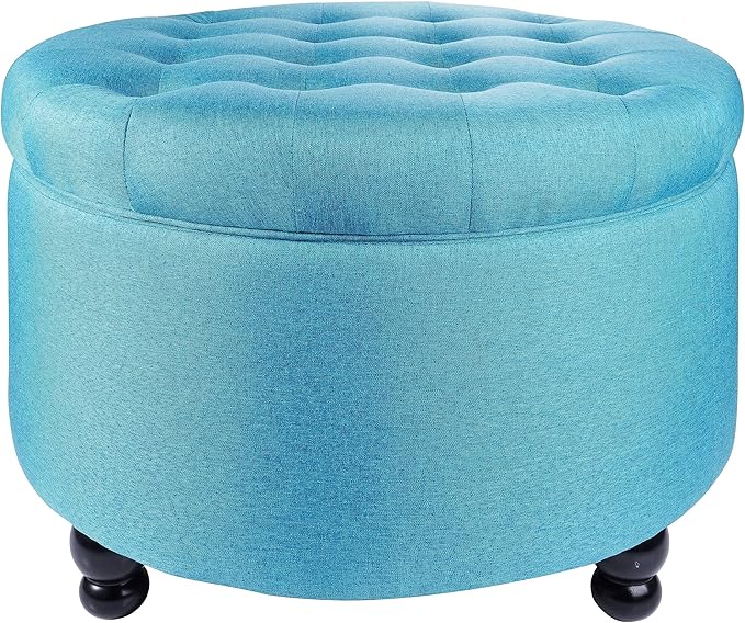 Elevon Large Button Tufted Accent Round Storage Ottoman Upholstered Ottoman with Storage for Living Room & Bedroom, 24.4" x 24.4" x 16.9", Blue