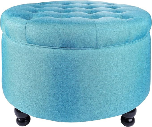 Elevon Large Button Tufted Accent Round Storage Ottoman Upholstered Ottoman with Storage for Living Room & Bedroom, 24.4" x 24.4" x 16.9", Blue