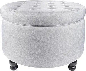 Elevon Large Button Tufted Accent Round Storage Ottoman Upholstered Ottoman with Storage for Living Room & Bedroom, 24.4" x 24.4" x 16.9", Gray