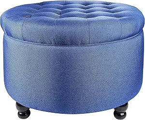 Elevon Large Button Tufted Accent Round Storage Ottoman Upholstered Ottoman with Storage for Living Room & Bedroom, 24.4" x 24.4" x 16.9", Navy Blue